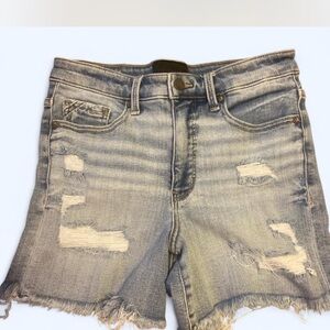 Buckle Light Wash Distressed Denim Shorts